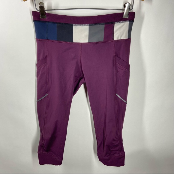 lululemon athletica Pants - Lululemon Size 6? Black Purple Capri Crop Quilt Patchwork Leggings Athleisure